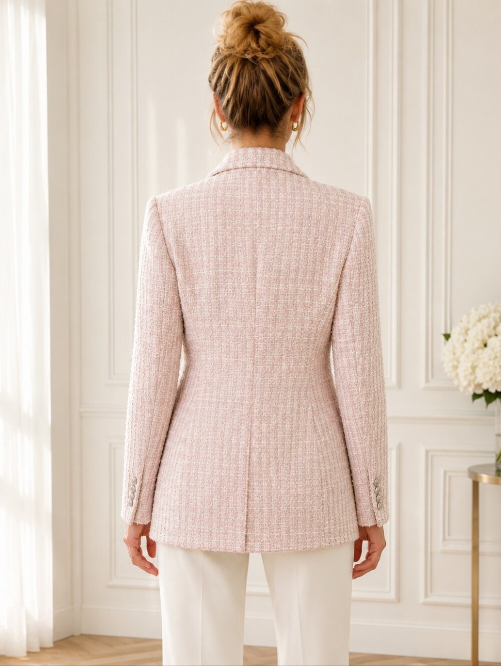 ZARA | Pink Tweed Double-Breasted Blazer Jacket | Size Large Quiet Luxury - Picture 2 of 9